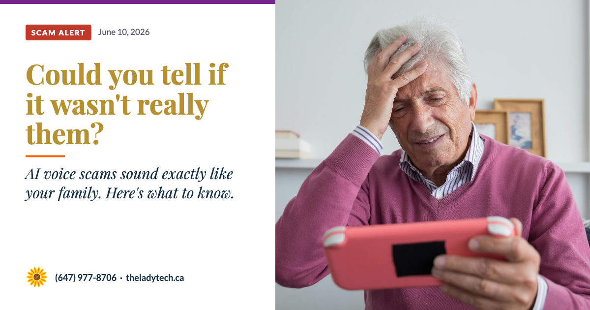 An older white-haired man pressing his hand to his forehead in distress while looking down at a phone, with text reading: Could you tell if it wasn't really them? — AI voice scams sound exactly like your family. Here's what to know.