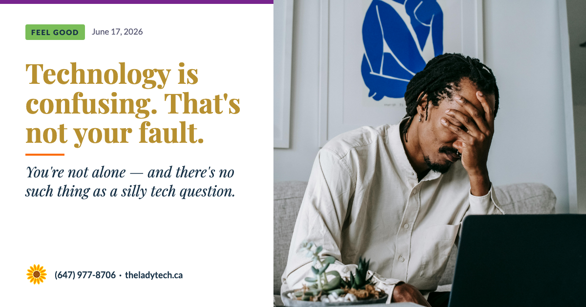 A Black man with dreadlocks pressing his hand to his face in frustration while sitting in front of a laptop, with text reading: Technology is confusing. That's not your fault. — You're not alone — and there's no such thing as a silly tech question.