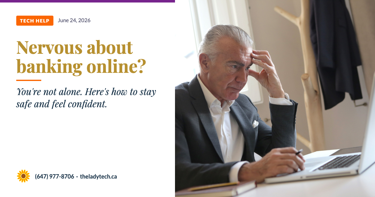 An older white-haired man in a dark suit pressing his fingers to his forehead with a worried expression, with text reading: Nervous about banking online? — You're not alone. Here's how to stay safe and feel confident.