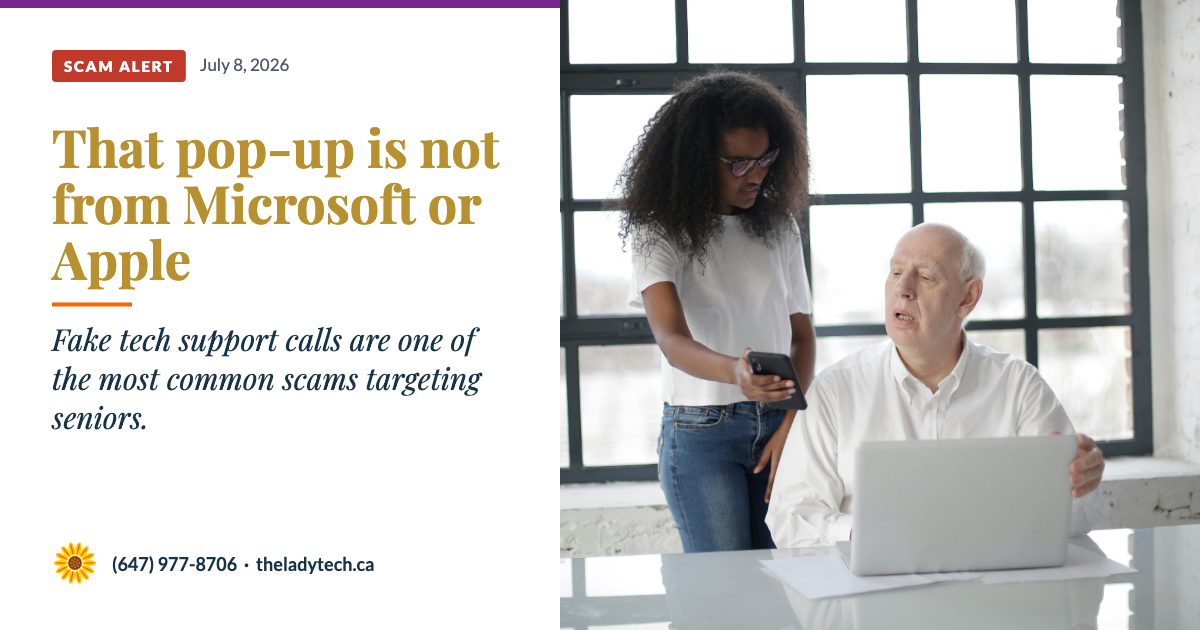 A Black woman with curly hair standing beside an older white-haired man seated at a laptop, showing him something on a phone, with text reading: That pop-up is not from Microsoft or Apple — Fake tech support calls are one of the most common scams targeting seniors.