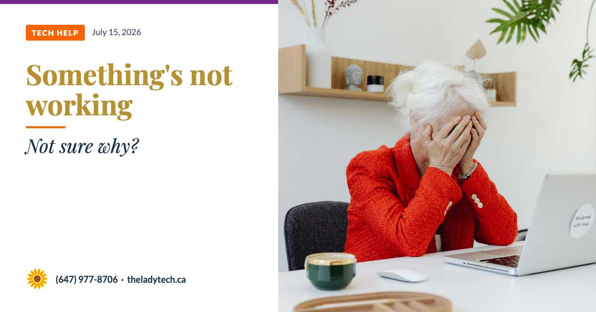 An older white-haired woman in a red cardigan sitting at a desk with her face buried in both hands in frustration, with text reading: Something's not working — not sure why? — I'll figure it out with you. No jargon. No rushing.
