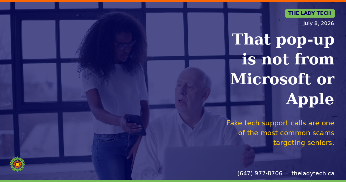 A Black woman with curly hair standing beside an older white-haired man seated at a laptop, showing him something on a phone, with text reading: That pop-up is not from Microsoft or Apple — Fake tech support calls are one of the most common scams targeting seniors.