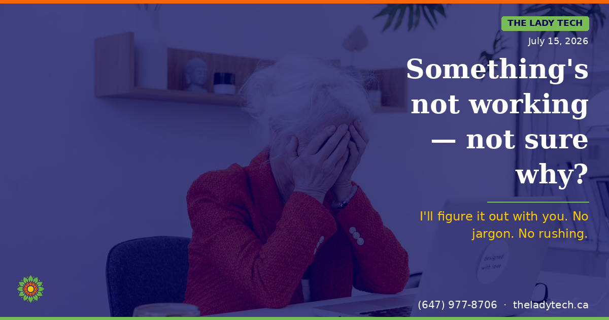 An older white-haired woman in a red cardigan sitting at a desk with her face buried in both hands in frustration, with text reading: Something's not working — not sure why? — I'll figure it out with you. No jargon. No rushing.