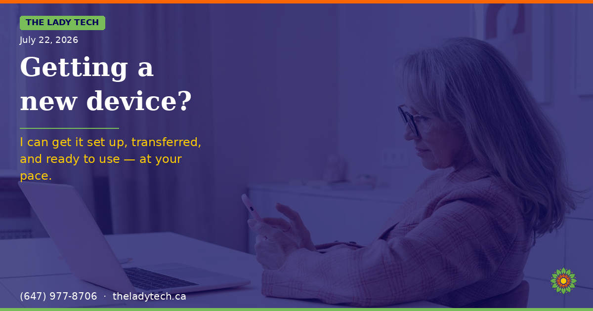 A middle-aged woman with blonde hair and glasses sitting at a desk with a laptop, holding a phone and looking at the screen, with text reading: Getting a new device? — I can get it set up, transferred, and ready to use — at your pace.